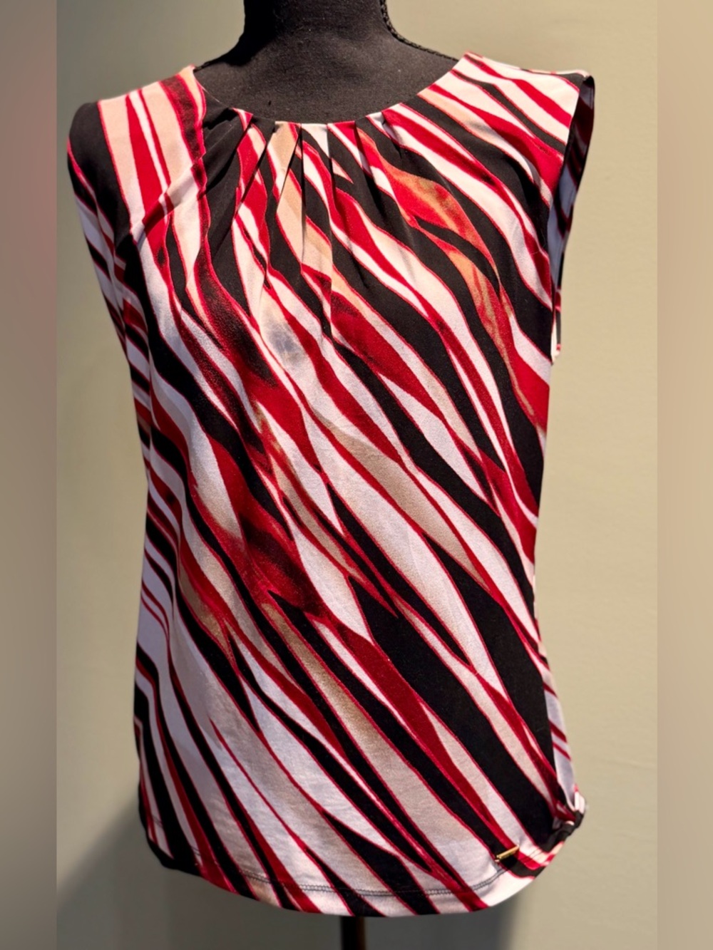 Calvin Klein Sleeveless Red, Black, Cream and Taupe Abstract Stripe Top